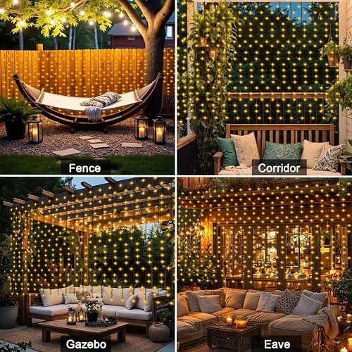 CCILAND Solar Curtain Lights Outdoor 4M x 1M 200 LED Curtain Lights Green Wire Waterproof Curtain String Lights for Garden Patio Gazebo Fence Wedding Party Decoration - Warm White thumbnail 7