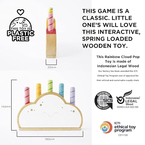 Le Toy Van PL133 Wooden Educational Petilou Rainbow Cloud Pop Press and Release Baby Sensory Montessori Toddler Learning Toy-Suitable for 18+ Months thumbnail 3