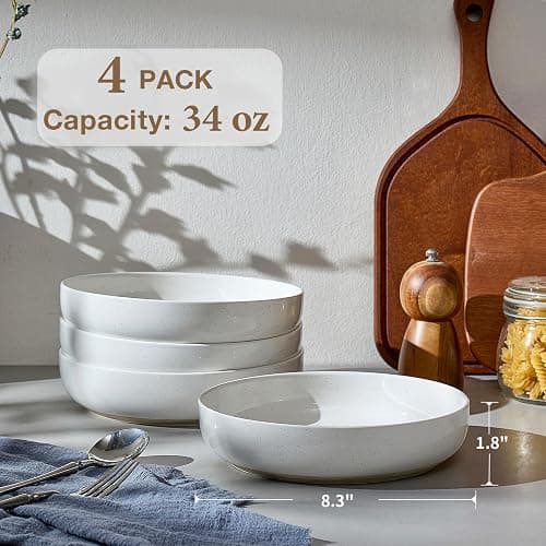 Gencywe 8.3" Pasta Bowls Set of 4, 34 oz Ceramic Salad Bowls, White Serving Plate, Wide and Shallow Bowl for for Fruits, Noodle, Dinner, Housewarming Wedding Christmas Dishwasher and Microwave Safe thumbnail 3