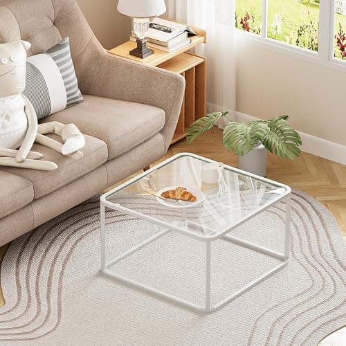 Coffee Table Glass, Minimalist Square Tables for Living Room, Modern Center Table for Office or Small Space, Sturdy Metal Frame, Easy Assembly, 26.4 x 26.4 x 15.7 Inches, White thumbnail 4