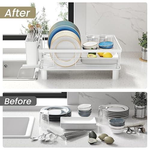 SNTD Dish Drying Rack - Small Dish Rack for Kitchen Counter, Stainless Steel Dish Drainer with Utensil Holder and Drainboard, 11" W x 15" L (White) thumbnail 8