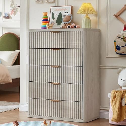 LEYAOYAO Fluted 5 Drawers Dresser for Bedroom, 41" Tall Modern Chest of Drawers with Metal Handle, Curved Profile Farmhouse Closet Organizer Wood Dressers TV Stand for Living Room, Hallway, Lightgrey thumbnail 7