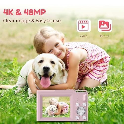 Digital Camera, FHD 4K Digital Point and Shoot Camera with 16X Zoom Anti Shake, 48MP Compact Small Camera with 32GB Card for Boys Girls Kids Shell Pink thumbnail 2