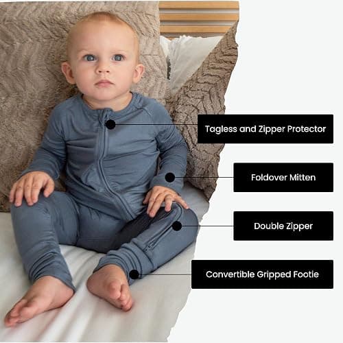 ITSY BITSY BOUTIQUE Viscose Bamboo Baby Pajamas - Boys and Girls Footie Sleeper Convertible 2-Way Zipper Sleeper - 0-3 Months - Serenity Blue thumbnail 2