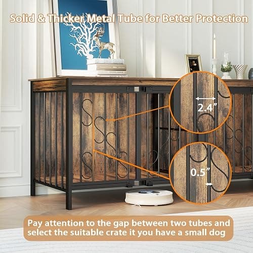 COZPAW 71" Double Dog Crate with Elevated Legs, Brown | Extra-large kennel for 2 dogs, 5,5" raised legs for robot vacuum access, Heavy-duty steel & wood, Modern TV stand thumbnail 5