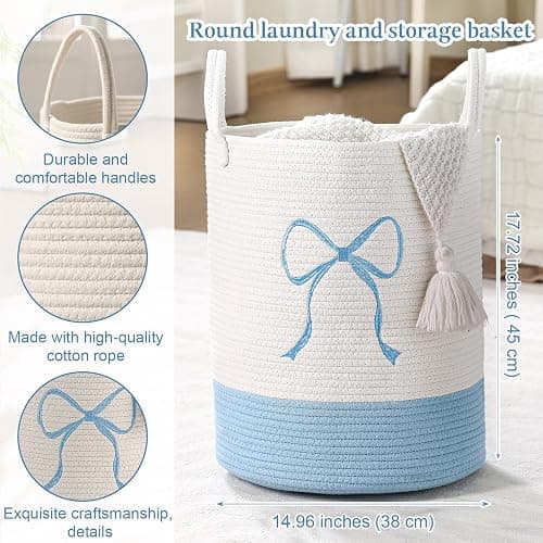 Honeydak Blue Laundry Basket Coquette Bow Hamper 15 x 17.7 Inches | Cotton Rope Hamper with Handle, Teens Girl Room Nursery Decor, Cute Decorative Basket, for Living Room, Storage Toy Clothes thumbnail 2