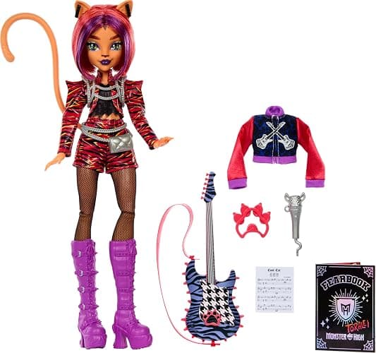 Monster High Journal des Horreurs Poupée Toralei et Accessoires sur Le thème du Club de Musique des Monstres, avec Blouson Universitaire, Album de, Guitare et Microphone, HXW32 thumbnail 2