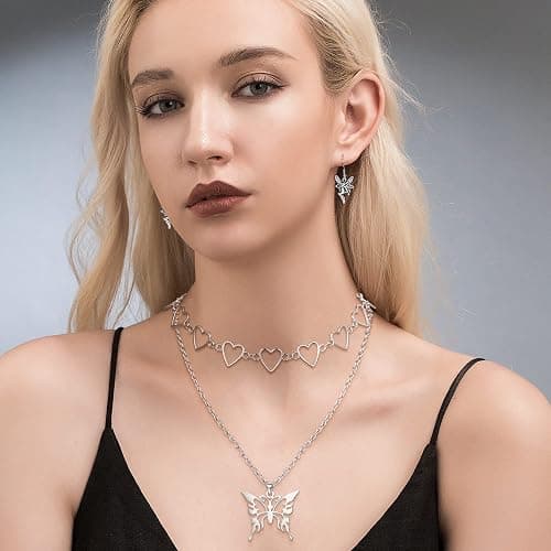 Subiceto 33Pcs Grunge Vintage Punk Necklace Jewelry Set Gothic Earrings Fairy Butterfly Boho Crystal Y2k Cross Pendent Butterfly Heart Choker Goth Stackable Knuckle Rings Adjustable Y2k Accessories for Women Men thumbnail 3