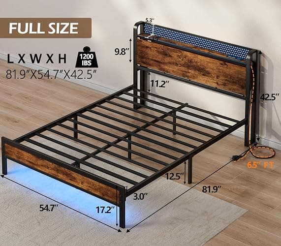 Furnulem Full Bed Frame with LED Lights,Industrial Storage Headboard with Charging Station,USB Port,Under Bed Storage,Wood Platform with Strong Metal Support,No Box Spring Needed, Silent thumbnail 2