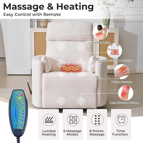 Rhevoy Oversized Swivel Recliner Chair with Massage and Heat, Rocking Chair Nursery with Adjustable Headrest, Rocking Chair Nursery Glider Chairs with 2 Pillows, Glider Rocker Recliner, White thumbnail 3