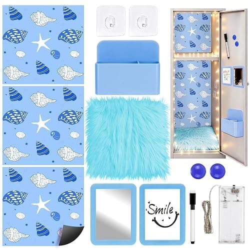 Elfcool 13 Pcs Locker Accessories Kit, Locker Decorations for Girls Boys Magnetic Pen Holder, Mirror, Whiteboard, Wallpaper, Magnets, Plush Rug, String Light, Back to School Essentials (Blue) - Image 1