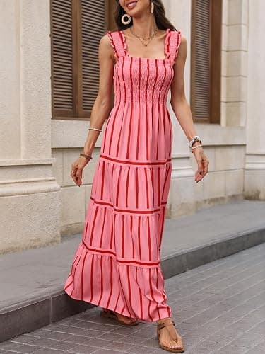 Caracilia Womens Summer Maxi Dresses Floral Smocked Sleeveless Ruffle Boho Casual Flowy Aline Beach Vacation Long Sundress thumbnail 4