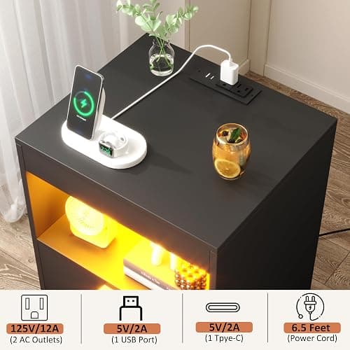 Yusong Night Stand, Bedside Table, LED Nightstand with Charging Station, Modern Night Stand, Wood Sofa Couch End Side Table with 2 Pull-Out Shelf (Black) thumbnail 6