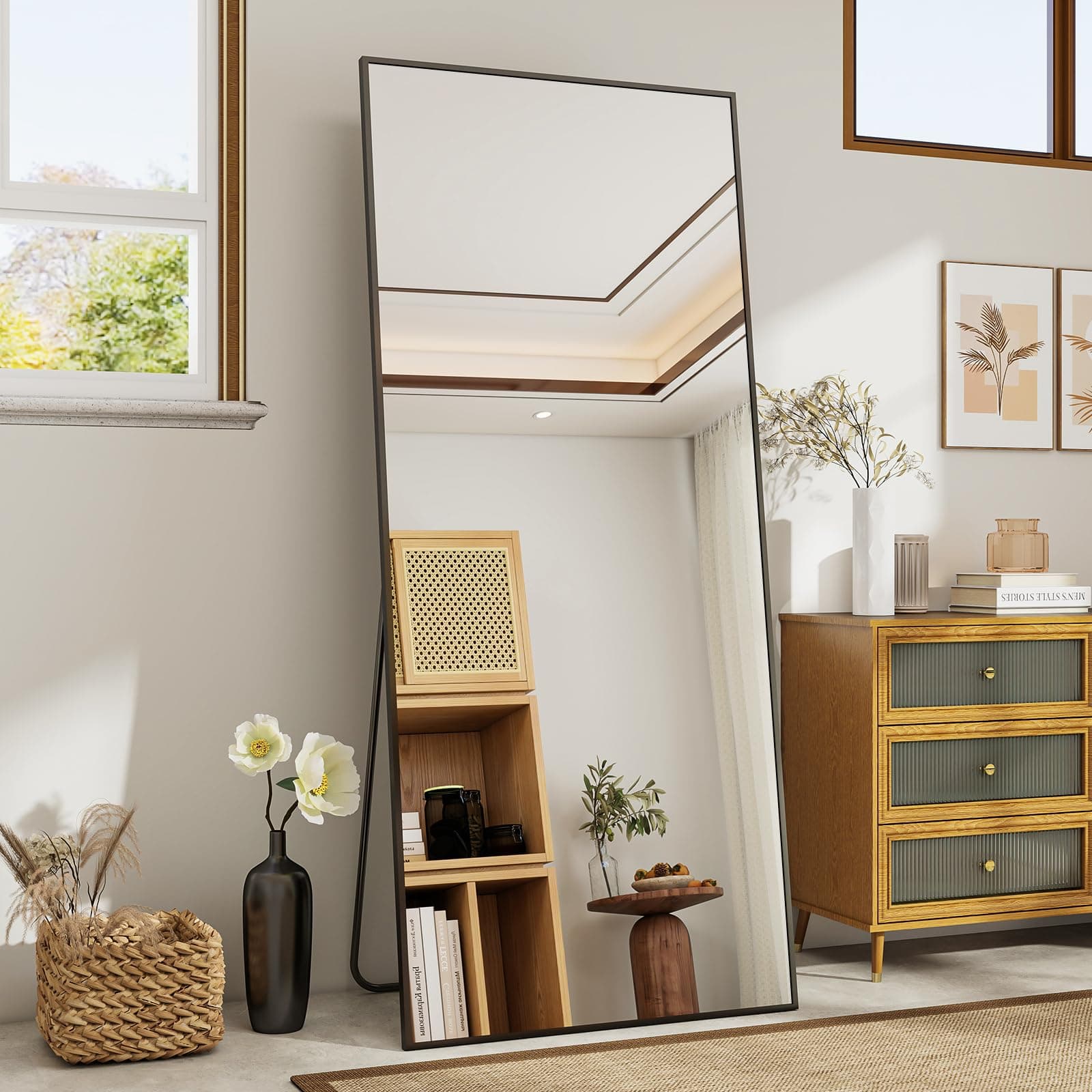 Koonmi 171 x 76 cm Standing Mirror, Robust Full Body Mirror with Minimalist Narrow Aluminium Frame, Modern Large Wall Mirror, Standing or Hanging for Living Room and Bedroom, Black thumbnail 2