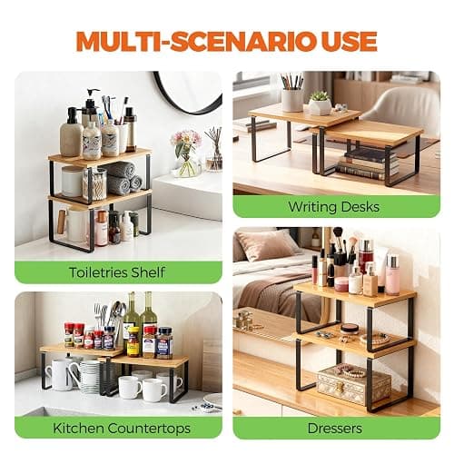 HYASTO Cabinet Organizer Shelf - 2 Pack Wood Kitchen Organizer, Upgraded Cabinet Organizer Shelf for Kitchen Storage, Countertop, Spice Rack, Stackable, Expandable, Ink Black and Natural Beige thumbnail 7