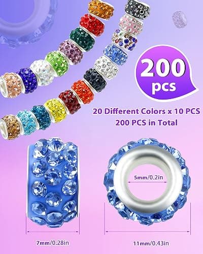 200PCS FIVEIZERO Rhinestone Large Hole Beads for Jewelry Making, 20 Colors Rhinestone European Bead Bulk Spacer Beads for Beadable Pens, DIY Crafts thumbnail 2