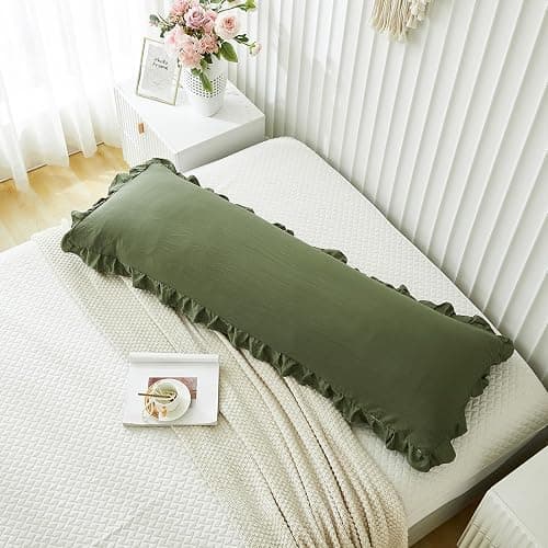 Shabby Chic Olive Green Body Pillow Cover - 20x54in Long Pillowcase with Ruffled Fringe Decor thumbnail 4