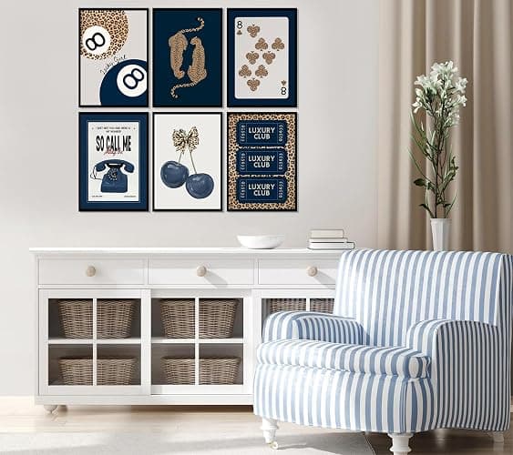 6Pcs Navy Blue Trendy Leopard Canvas Wall Art Fashion Lucky 8 Ball Painting pictures Preppy Y2K Aesthetics Wall Decor Trend Cheetah Prints Artwork for College Dorm Home Decoration 8x10in Unframed thumbnail 3