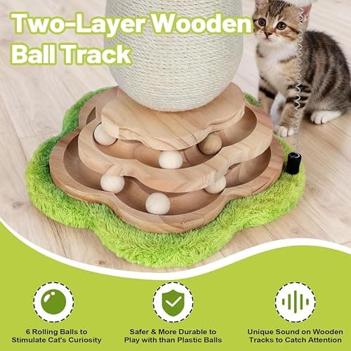 Mushroom Cat Scratching Post Cat Tree, Cute Cat Scratcher Tower with Interactive Ball Two-Layer Track Spring Ball Toys, Mushroom Scratch Post Cat Sisal Scratcher with Catnip for Indoor Cats thumbnail 3
