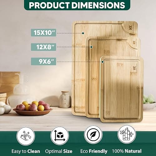 Kiaansh-Kiavi Wood Cutting Boards for Kitchen-Bamboo Cutting Board Set of 3, with Juice Grooves, Thick Chopping Board handles., Large, Natural thumbnail 7