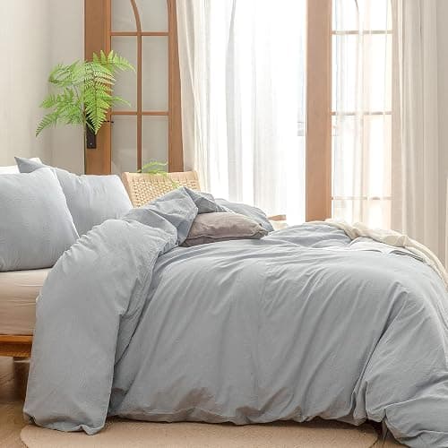 BESTOUCH Duvet Cover Set 100% Washed Cotton Linen Feel Super Soft Comfortable Chic Lightweight 2 PCs Home Bedding Set Solid Cornflower Blue Twin/Twin XL thumbnail 3