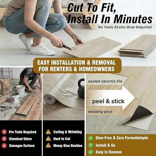 VIVIDCOZYTILE Waterproof Peel and Stick Floor Tile, 54 Sq.Ft Washed Beige Vinyl Wood Flooring, Easy DIY-Install & Durable for Kitchen, Bedroom, Bathroom, RVs, Rental-Friendly (36-Planks 6"x36") thumbnail 7