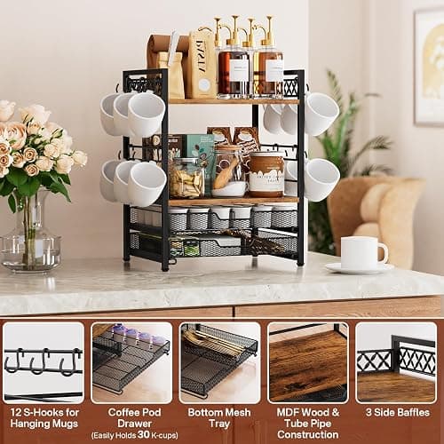Plaviya Coffee Bar Organizer Coffee Station K Cup Holder for Countertop | 30 Coffee Pods Organizer, Mug Holder with 12 Hooks, 2 Drawers, Multifunctional, Kitchen, Dining Room, Office, Rustic Brown thumbnail 6