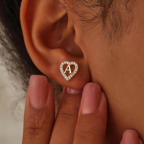 Anoup Christmas Gifts for Grandkids Girls Earrings - S925 Sterling Silver Post CZ Hypoallergenic Stud Heart Initial Earrings for Women Kids Jewelry Stocking Stuffers for Teen Girls Birthday Gifts thumbnail 3