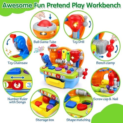 ORWINE Toys for 1 Year Old Boy, Musical Toddler Tool Bench, Montessori Educational Toys with Sound Lights Effect, Shape Sorter, One Year Old Boy Birthday Gift, Engineer Pretend Play Workbench thumbnail 3