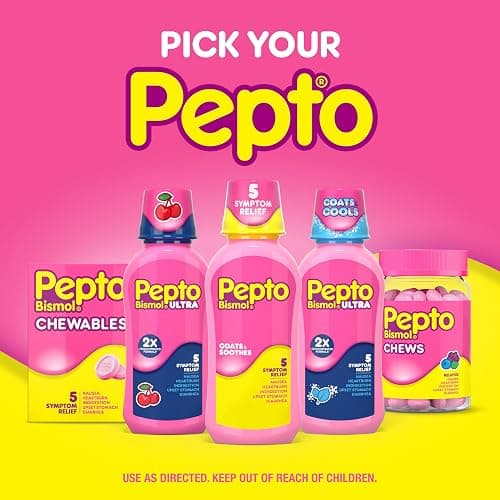 Pepto Bismol Berry Mint Chews, Upset Stomach Relief, Nausea Relief, Heartburn Relief, Indigestion Relief, Anti Diarrhea Medication for Adults - 5 Symptom Fast Relief, 48 Chewable Tablets thumbnail 7