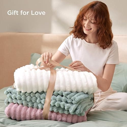 Bedsure GentleSoft Blankets Queen Size for Bed - Cozy Soft Sofa Couch Cover Blankets for Women, Cute Large Bedding Fleece Throws for Girls, Off White, 90x90 Inches thumbnail 6