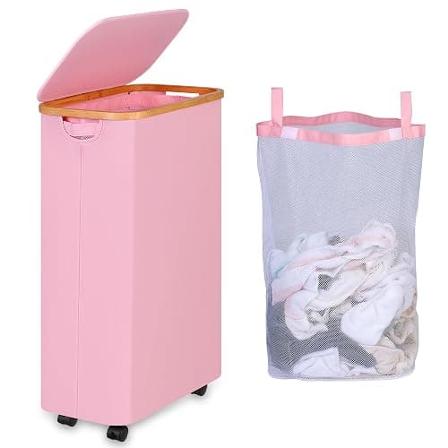 iEGrow 73L Laundry Basket with Wheels,Clothes Hamper for Laundry,Laundry Hamper with Lid and Inner Bag, for Laundry Room, Bedroom, Dormitory Storage,Pink - Image 1