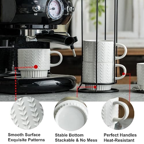 Miamolo Stackable Coffee Mugs, Coffee Mug Set of 4 with Spoons & Stand, 13oz Espresso Cups for Drinks Latte Cappuccino Tea, Coffee Cup for Housewarming Birthday Gift, Dishwasher Safe, White thumbnail 5
