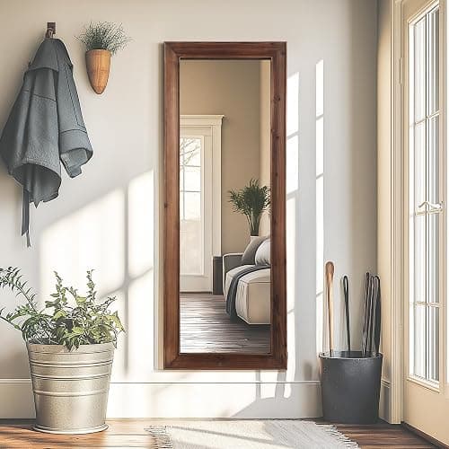 Rustic Floor Full Length Mirror Wood Frame, 56"X21" Farmhouse Free Standing Mirror for Bedroom Living Room Entryway, Hanging or Leaning Wall-Mounted, Tempered Glass, Brown thumbnail 3