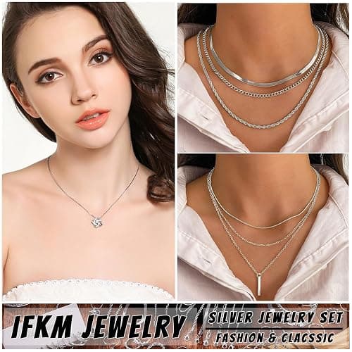 IFKM 36 PC Silver Plated Jewelry Set With 3 Necklace, 12 Bracelet, 7 Ear Cuffs Earring, 14 Knuckle Rings For Women Girls Valentine Anniversary Birthday Friendship Gift thumbnail 2