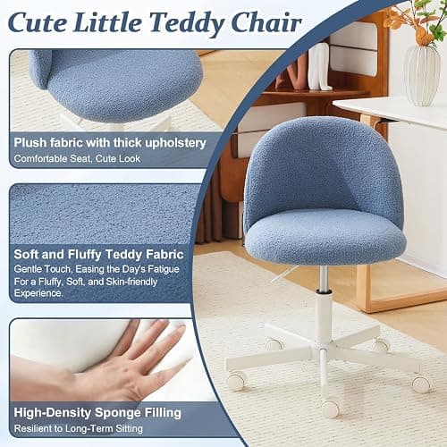 VINGLI Cute Candy Chair Armless Comfy Small Office Desk Vanity Chair with Wheels & Lumbar Support,Teddy Adjustable Rolling Swivel Computer Task Ch for Home Office,Bedroom,Fog Blue thumbnail 4