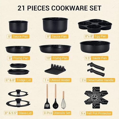 Ammeloo 21-Piece Ceramic Pots and Pans Set Non Stick with Detachable Handles and Egg Frying Pan, Non-Toxic Cookware, Induction Ready, Oven Safe, Stackable for Storage, Black Speckled thumbnail 9