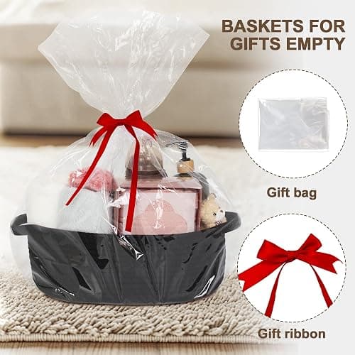 WILLITAT Small Baskets for Gifts Empty, 13"x 9"x 5" Woven Gift Basket with Bag and Ribbon, Cotton Rope Kids Dog Cat Toy Bin Box, Cute Baby Nursery Organizer, Decorative Storage with Handles (Black) thumbnail 4