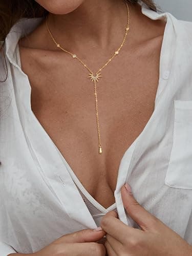FAONDU Drop Sunburst Gold Necklace for Women Simple 14K Gold Plated CZ Chain Dainty Waterproof Pearl Teardrop Pendant Sliver Y-Necklace for Womens Non Tarnish Long Layered Sun Cross Choker Women's Y-Shaped Stacked Fashion Accessories Trendy Prom Jewelry Gift thumbnail 7