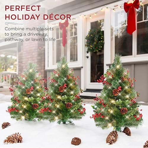 Best Choice Products Set of 2 24.5in Outdoor Pathway Christmas Trees, Battery Operated Pre-Lit Holiday Décor w/LED Lights, Red Berries, Pine Cones - Green W/Berries - 24.5in thumbnail 3