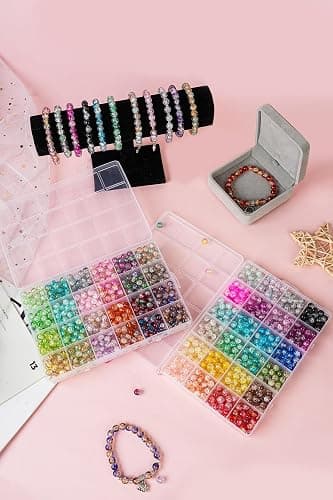 1300PCS 8mm Mixed Crackle Glass Beads for Bracelets Making with Accessories, 48 Colors Crystal Glass Beads Jewelry Making Kit, Round Beads for DIY Bracelet Crafts thumbnail 4