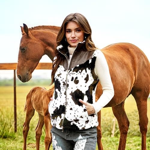 Women's Fuzzy Cow Print Vest Cozy Lightweight Sherpa Fleece Vest for Women Sleeveless Outerwear with Pockets thumbnail 6