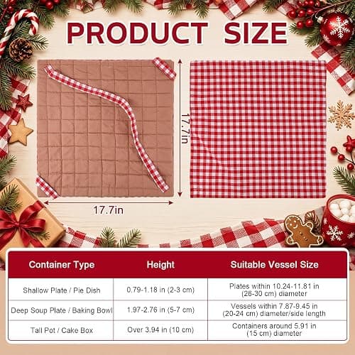 Eccliy 2 Pcs Quilted Pie Carrier Tote Reversible Red White Gingham Reusable | Washable Casserole Cake Carrier Bag Square 17.7" x 17.7" with Adjustable Lifting Straps for Thanksgiving Day Christmas Baking thumbnail 3