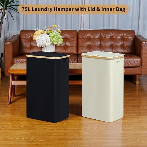 iEGrow Slim Laundry Hamper,75L Beige Narrow Laundry Basket with Lid,Foldable Clothes Hamper with Bamboo Handles,Hamper Basket with Removable Inner Bag for Laundry Room Bedroom College Dorm thumbnail 2