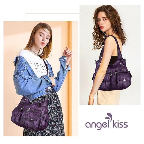 Angel Kiss Women's Designer Handbag Large Double Zipper Multi Pocket Washed Leather Purse thumbnail 6