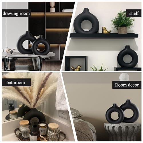 Hanaomaoyi Black Ceramic Donut Vase Set of 2, Hollow Round Matte Pampas Flower Vases for Boho Home Wedding Party Room Dinner Table Shelf Decor.（Black） thumbnail 6