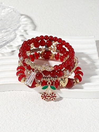 JWIGP 4Pcs Cherry Bracelet Set for Women, Red Beaded Pendant Stretch Layered Gold Plated Crystal Charm Bracelets Jewelry Stackable Boho Christmas Accessories Gift thumbnail 6