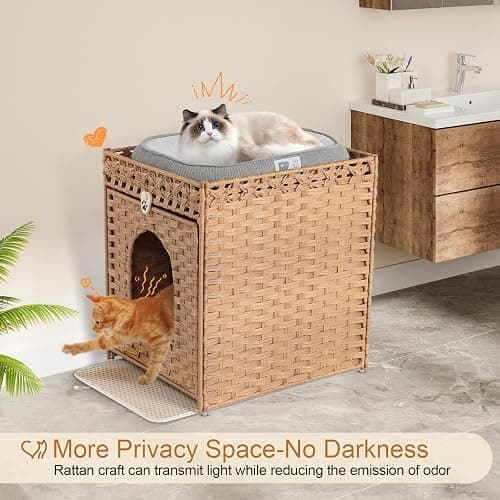 Snughome Cat Litter Box Enclosure Furniture Hidden with Litter Mat, Hidden Washroom Furniture with Door, Handwoven Rattan Cat Washroom Box, Indoor Pet House for Living Room, Bedroom(Natural) thumbnail 8