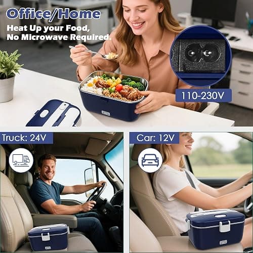 COZYEXPERT 100W Electric Lunch Box Food Heated 12V 24V 110V Fast Food Warmer Heater for Car/Truck/Home Portable Food Heating Boxes with 1.8L 304 SS Container 0.45L Compartment(Royal Blue+White) thumbnail 3