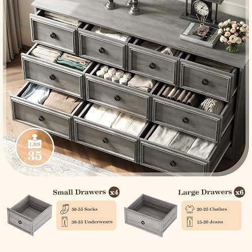HolliWill Grey 10 Drawer Dresser, 59" Large Dresser for Bedroom, Wood Chests of Drawers with Textured Borders, TV Stand for 70 inch TV, Rustic Storage Dressers Organizer for Bedroom, Hallway thumbnail 5